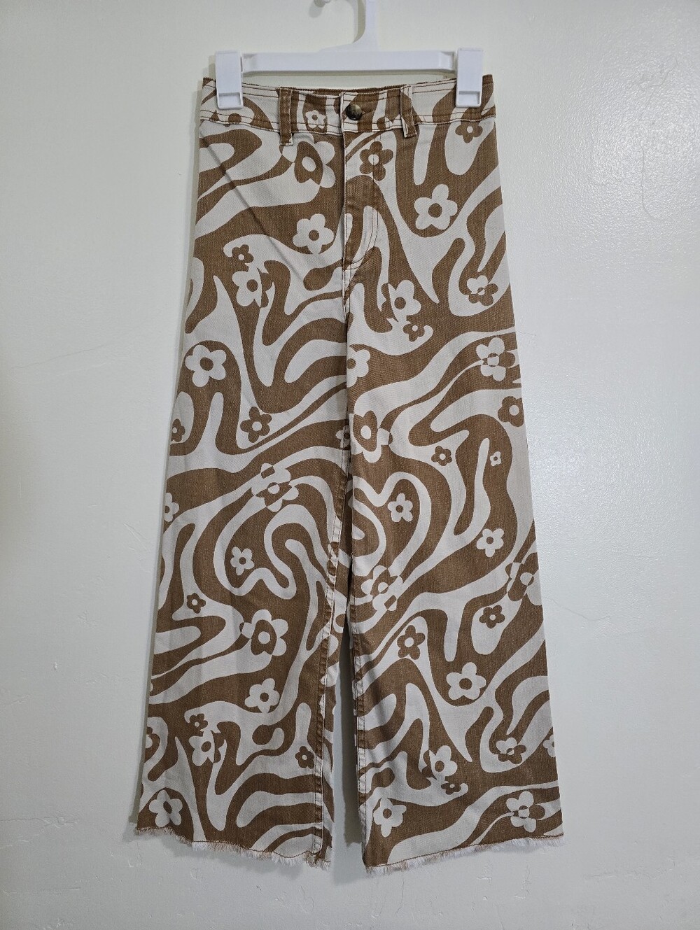 Billabong Free Fall Wide Leg High Waisted Brown Zebra/Floral Pants Raw Hem Sz 25
